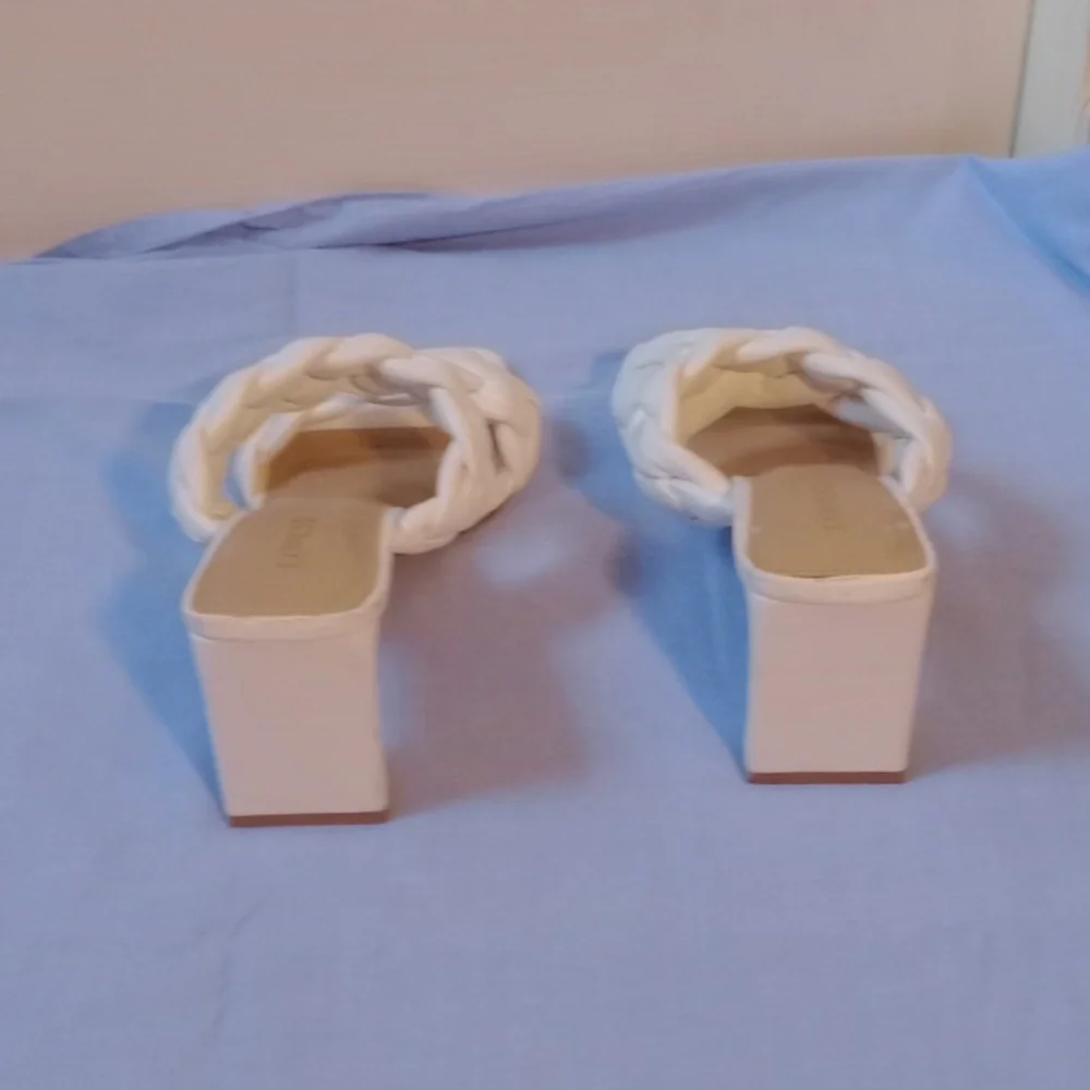Express White Heels with Dramatic Ruched Detail, Size 9